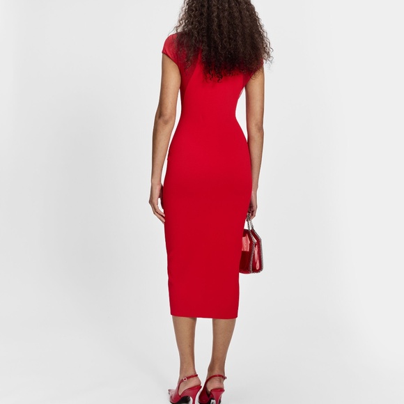 Stella McCartney, Miracle Short-Sleeve Compact-Knit Dress, Lipstick Red - Picture 3 of 4
